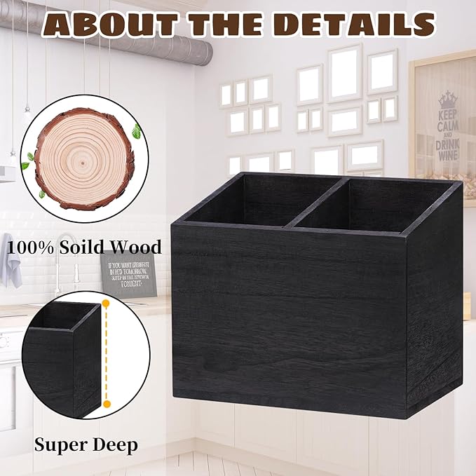 Wooden Kitchen Utensil Caddy With 2 Compartments, Rustic Utensil Holder for Kitchen Countertop, Wood Utensil Crock Organizer Box for Farmhouse Kitchen Decor (black)