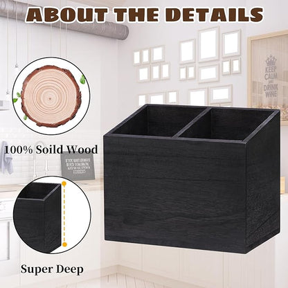 Wooden Kitchen Utensil Caddy With 2 Compartments, Rustic Utensil Holder for Kitchen Countertop, Wood Utensil Crock Organizer Box for Farmhouse Kitchen Decor (black)