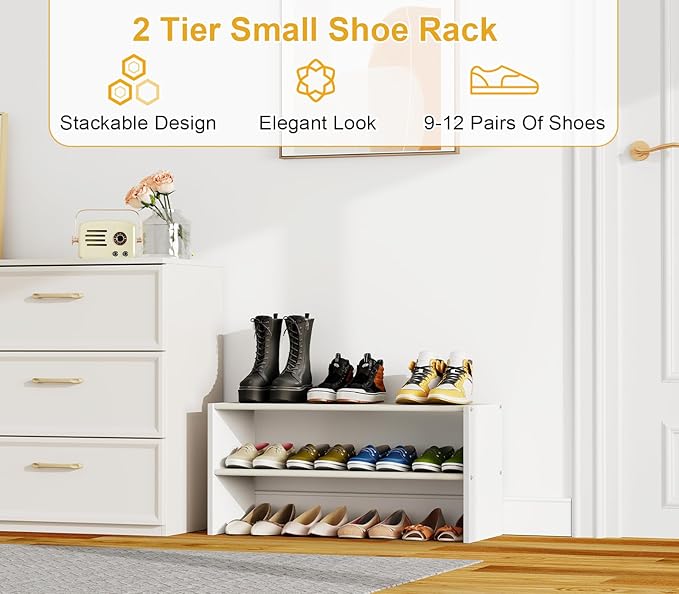 Cidaziya 2 Pack 2 Tier Small White Shoe Rack for Closet, Stackable Shoe Shelf Organizer for 9-12 Pairs of Shoes, Portable Wood and Cloth Structure, Small Shoe Storage Organizer, Size 28.5"* 11" * 13"