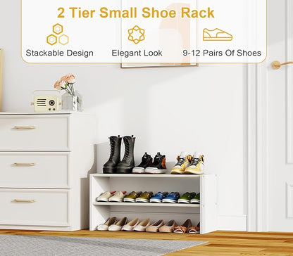 Cidaziya 2 Pack 2 Tier Small White Shoe Rack for Closet, Stackable Shoe Shelf Organizer for 9-12 Pairs of Shoes, Portable Wood and Cloth Structure, Small Shoe Storage Organizer, Size 28.5"* 11" * 13"