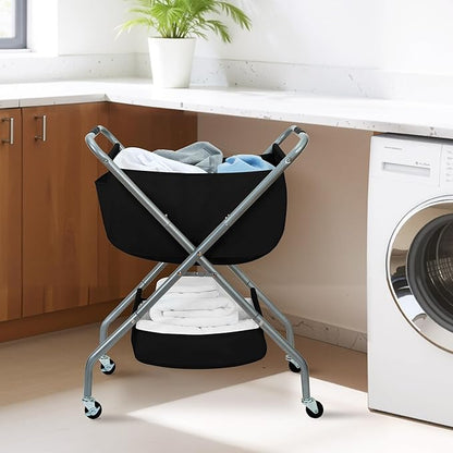 STORAGE MANIAC Collapsible Laundry Cart with Wheels 31.5"H Rolling Laundry Hamper Clothes Basket with Wheels, Canvas Liner Sturdy Steel Frame Folding for Small Narrow Space Easy Storage, Black