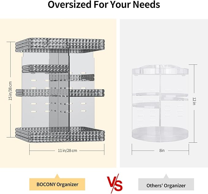 Rotating Makeup Organizer, Large Capacity Cosmetic Display Case, Acrylic Skincare Organizer with Makeup Brush, Makeup Storage Organizer for Dresser Countertop and Bathroom Vanity - Grey