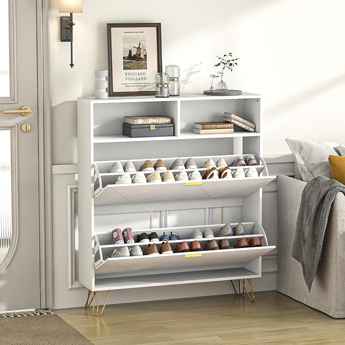 JOZZBY Large Shoe Cabinet for Entryway, 46'' White Narrow Shoe Storage Cabinet with 2 Flip Drawers and Open Shelves, Hidden Wide Freestanding Shoe Rack for Hallway, Set of 2