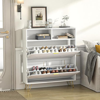 JOZZBY Large Shoe Cabinet for Entryway, 46'' White Narrow Shoe Storage Cabinet with 2 Flip Drawers and Open Shelves, Hidden Wide Freestanding Shoe Rack for Hallway, Set of 2