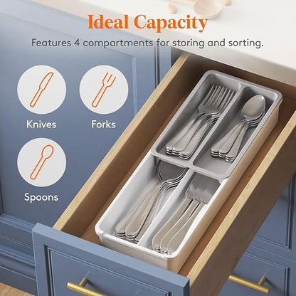 Lifewit Compact Silverware Organizer for Kitchen Drawer, Narrow Flatware Tray Holder, Plastic Cutlery Spoons, Forks and Knives Storage, White&Gray, 2 Pack