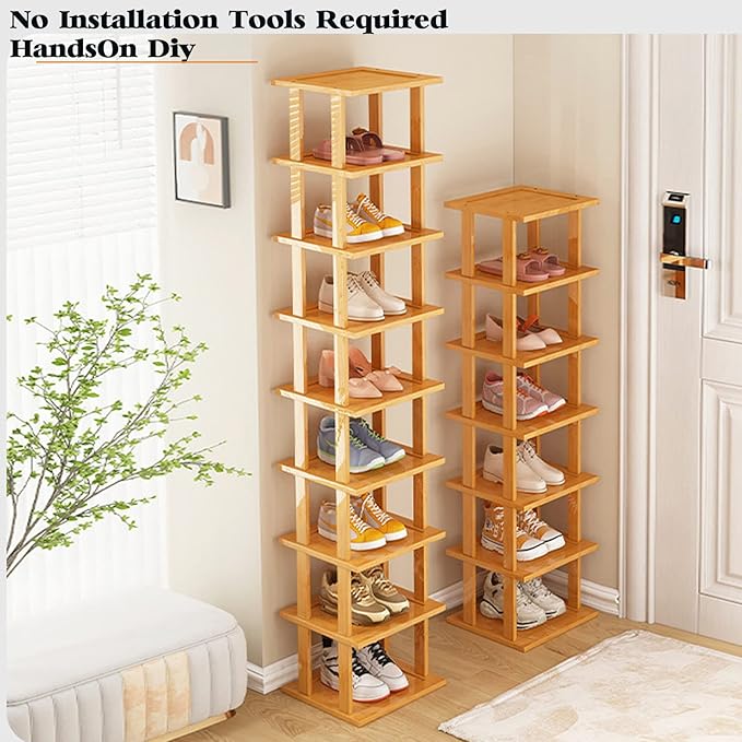 SAN HE Bamboo Shoe Rack 17 Tier- Vertical Shoe Rack for Small Spaces, Tall Narrow Shoe Rack Organizer for Closet Entryway Corner Garage and Bedroom,Skinny Shoe Shelf with Free Stackable DIY