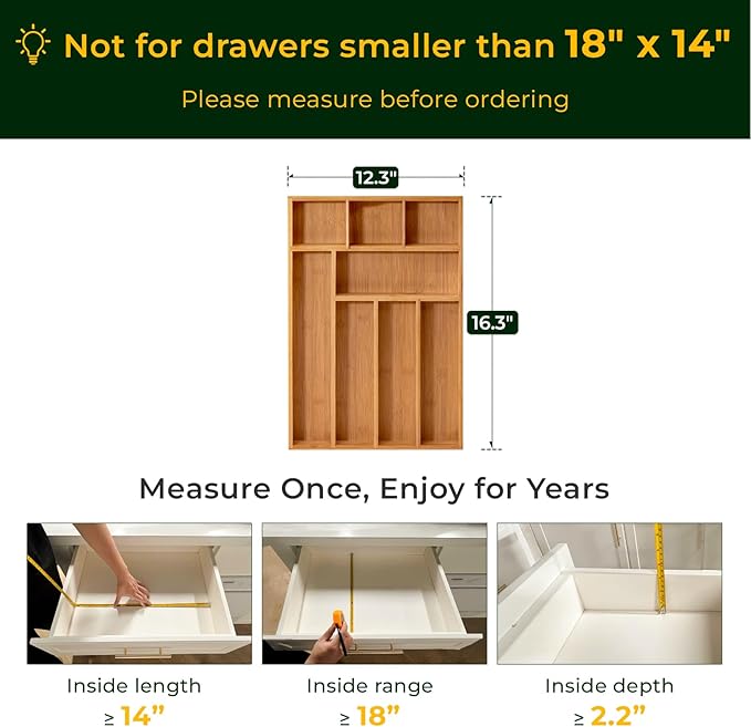 Carbonized Bamboo Kitchen Drawer Organizer, 8 Slots Silverware Organizer, Utensil Holder & Cutlery Tray, 2.2" Deep for Extra Capacity, Non-Slip Feet Included