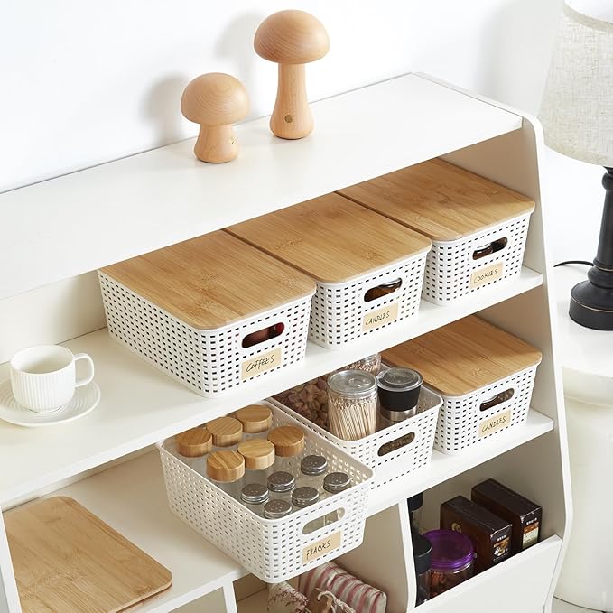 Bagnizer Small Plastic Storage Bins with Bamboo Lids 5.2qt Stackable Box Basket Pantry Decorative Containers Cute with Labels for Organizing Desktop Closet Office Cream White of 6 packs 10*7.2*4.1"