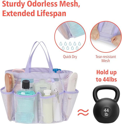 F-color Mesh Shower Caddy Portable, Upgrade Deeper 7 Pockets Shower Bag Basket Tote for College Dorm Room Toiletry Bathroom Essentials Gym Camp Quick Dry 2 handles with S Hook, Purple