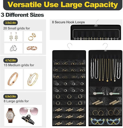 Hanging Jewelry Organizer with Multi-size pockets Double-Sided Jewelry Holder for Earrings, Necklaces, Rings on Closet, Wall, Door,Jewelry Organizer Hanging for Closet, Black