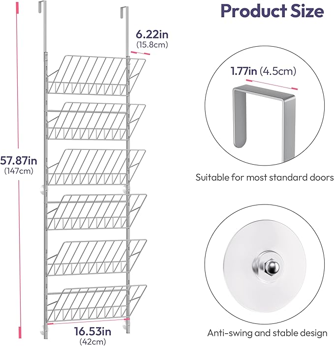 SWTYMIKI Over the Door Shoe Organizer - Adjustable 6 Tier Hanging Shoe Rack Organizer, Metal Heavy Duty Behind Door Storage or Wall Mount Shoes Shelf for Flats, Heels, Sneakers, Boots, Silver