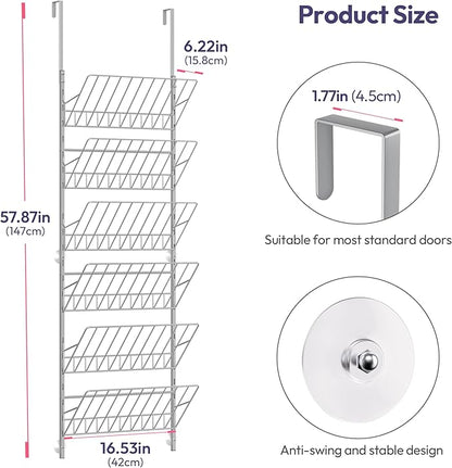 SWTYMIKI Over the Door Shoe Organizer - Adjustable 6 Tier Hanging Shoe Rack Organizer, Metal Heavy Duty Behind Door Storage or Wall Mount Shoes Shelf for Flats, Heels, Sneakers, Boots, Silver