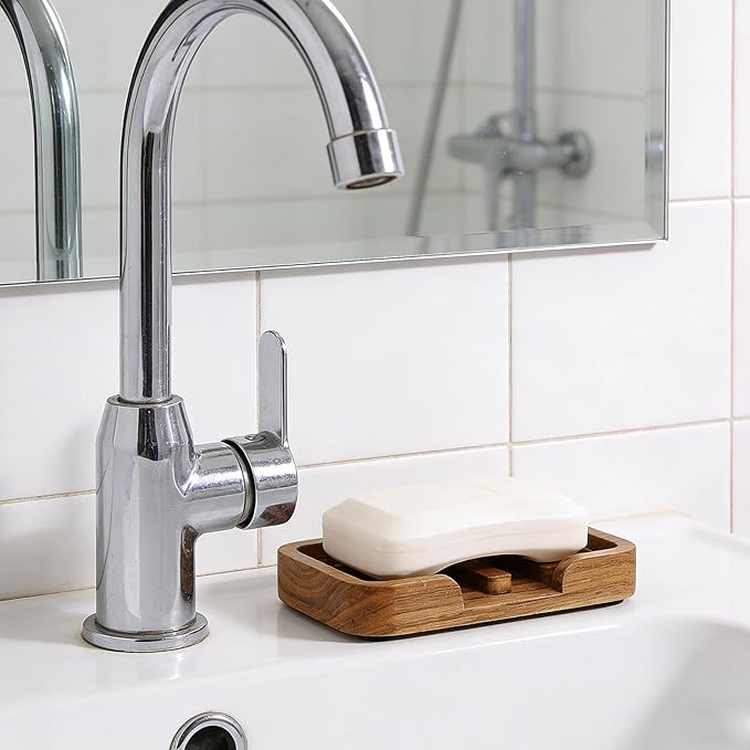 2PCS Self Draining Soap Dish by HTB,Teak Wood Soap Holder,Soap Saver for Shower, Bathroom, Sink, Kitchen and Countertop