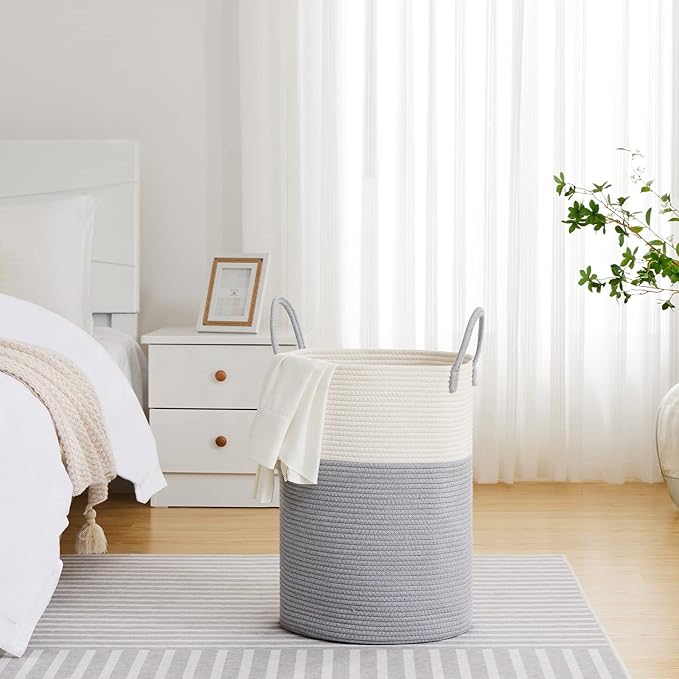 VIPOSCO Large Laundry Hamper, Tall Woven Rope Storage Basket for Blanket, Toys, Dirty Clothes in Living Room, Bathroom, Bedroom - 72L Grey & White