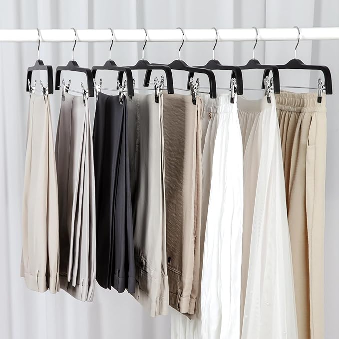 TOPIA HANGER Wooden Pants Hangers,Slim Natural Wood Skirt Hangers with Anti-Rust Hook and Adjustable Metal Clips, Perfect for Skirts,Pants,Slacks-10 Pack-CT17B