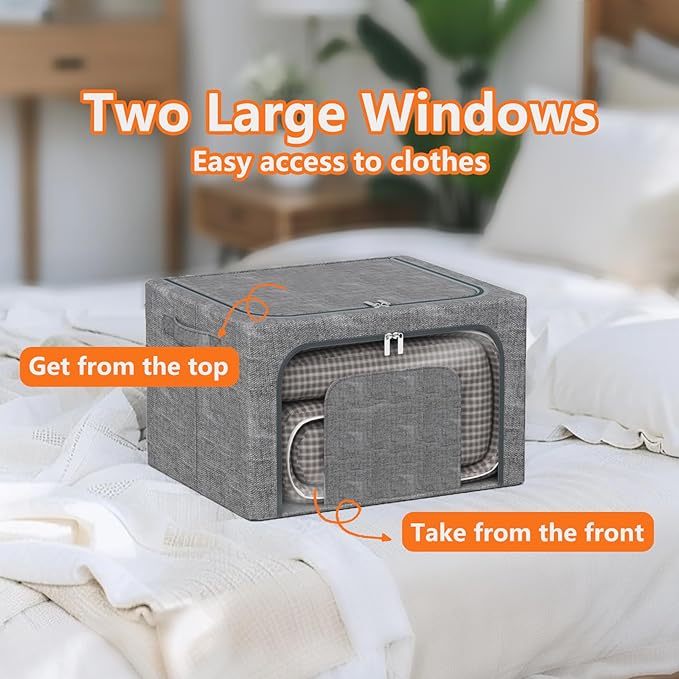 Stackable Clothes Storage Bins with Metal Frame, 4 Piece Stackable Clothes Organizer with Double Opening + Clear Window Design for Cabinets, Under Beds, Storage and Garage Gray 2 * 22 L + 2 * 64 L