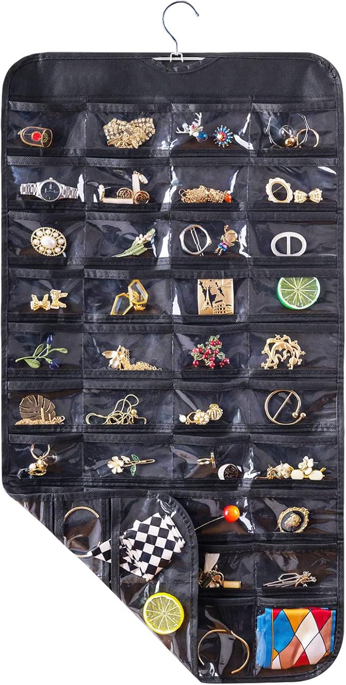 Bloss Hanging Jewelry Organizer for Closet, 80 Pockets Earring Holder Organizer and storage, Earring Organizer Hanging Jewelry Holder Storage for Women Gift, Wall Earring Holder for Girls, Black