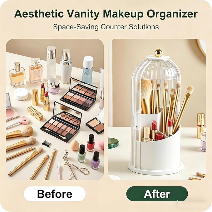 Makeup Brush Holder with Lid 360° Rotating 3-Compartment Makeup Organizers for Vanity, Waterproof & Dustproof Cosmetic Storage Box for Dressing Table (Transparent White)