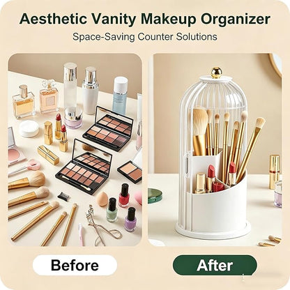 Makeup Brush Holder with Lid 360° Rotating 3-Compartment Makeup Organizers for Vanity, Waterproof & Dustproof Cosmetic Storage Box for Dressing Table (Transparent White)