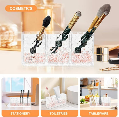 Makeup Brush Holder 3 Slots Acrylic Clear Hair Brush Holder with Pink and White Pearls, Makeup Organizer Brushes for Vanity Office and Bathroom
