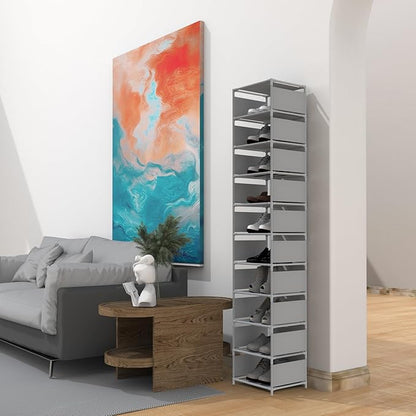 10 Tier Vertical Shoe Rack - Grey Narrow Shoe Rack for Closet & Entryway, Space Saving Tall Shoe Organizer for Small Spaces, Sturdy Skinny Shoe Tower Stand for Boots & Heels, Grey