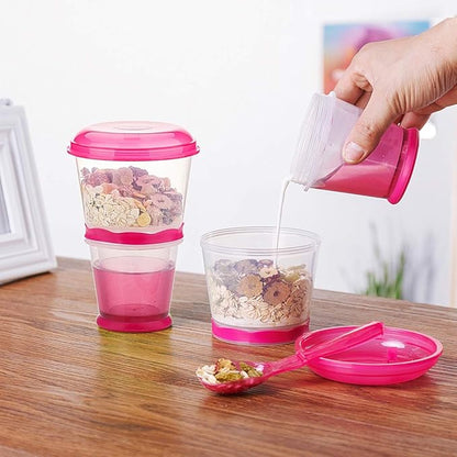 Cereal On the Go Cups Travel-To-Go-Food-Containers Storage with Spoon Breakfast Drink-Cups-Portable (Pink)