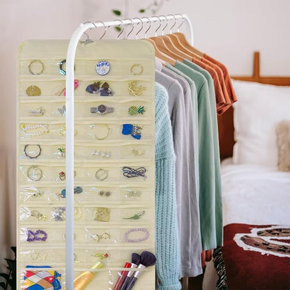 Bloss Hanging Jewelry Organizer With 90 Pockets,Earring Holder Organizer Storage For Valentine's Day Gift,Double-Sided Jewelry Holder for Earrings, Necklaces, Rings on Closet,Wall,Door(Beige)