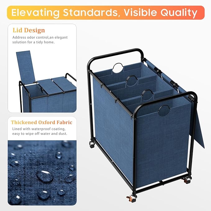 180L (47.55 Gal) Laundry Sorter 3 Section, Rolling Laundry Basket with Lockable Wheels and Lid, Laundry Hamper with 3 Separated Removable Bags Dirty Clothes Hamper for Laundry Room Organizer, Blue
