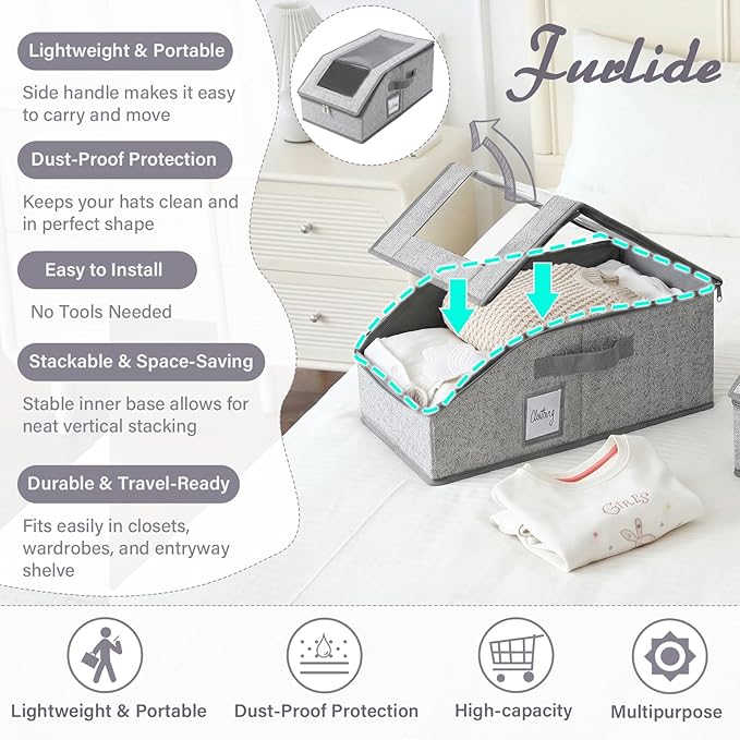 Furlide 2PCS Hat Storage Box, New Grey