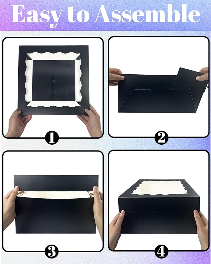 qiqee Black 10x10x8 Cake Box, 4 Sets Cake Box with Window ＆ 4 Sets 10" Cake Round Boards, 10inch Cake Containers, 10 Meters Pink Silk Ribbon Includes
