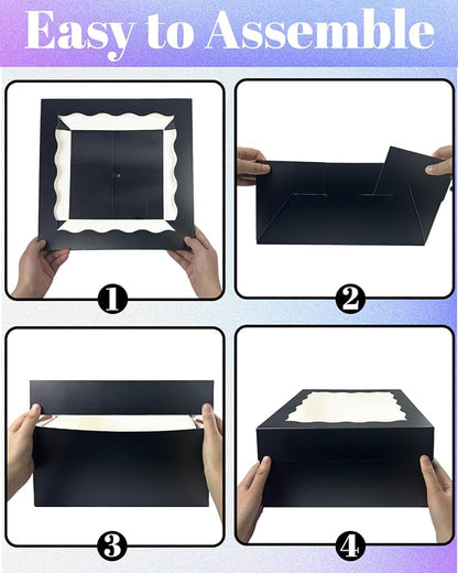 qiqee Black 10x10x8 Cake Box, 4 Sets Cake Box with Window ＆ 4 Sets 10" Cake Round Boards, 10inch Cake Containers, 10 Meters Pink Silk Ribbon Includes