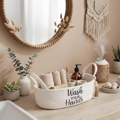 Wash Your Hands Bathroom Decoration Beige Cotton Rope Toilet Basket Toilet Paper Holder Basket Rustic Bathroom Organizer Farmhouse Home Decoration Organizing Small Baskets
