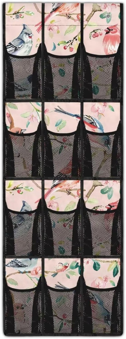 Behind Door Shoes Hang Holder Rack,Bird Pink Shoe Organizer Door Hanger with 12 Mesh Large Pockets,Space Saver Waterproof Reusable