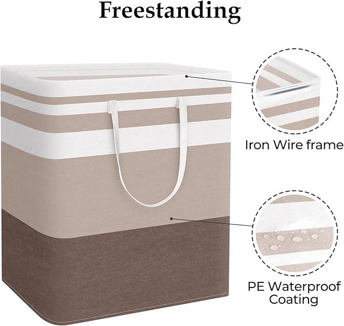 StorageRight Large Collapsible Laundry Basket Hamper with Easy Carry Handles，Freestanding Clothes Hampers for Laundry, Bedroom, Dorm, Towels, Toys, 100L, Khaki