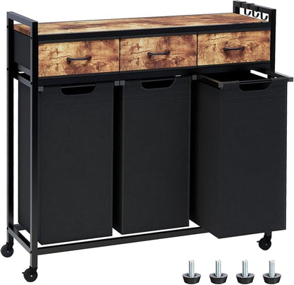 Timberer Laundry Hamper, Laundry Sorter 3 Section, Rolling Laundry Basket with Wheels, 3 Drawers, 3 × 14.5 Gal (55 L), Pull-Out and Removable Oxford Fabric Bags, Black and Rustic Brown
