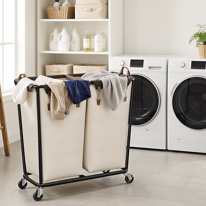 StorageWorks 330L Extra Large Laundry Hamper with Wheels, Laundry Basket with Wheels 2 Sections, Clothes Sorter Cart with Divider for Hotel, Home, Beige, 1-Pack