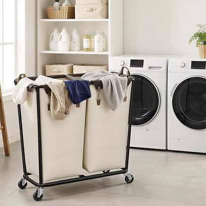 StorageWorks 330L Extra Large Laundry Hamper with Wheels, Laundry Basket with Wheels 2 Sections, Clothes Sorter Cart with Divider for Hotel, Home, Beige, 1-Pack