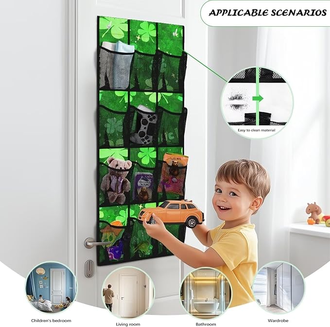 12-Pocket Storage Hanging Bag Behind the Door, Over the Door Organizer with Mesh Pockets for Shoes Essentials, Space Saving Door Organizer for Bedroom Dorm Closet, Lucky Leaf Pattern