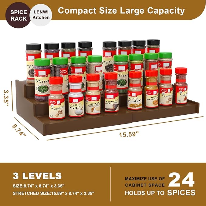 Lenwi Spice Rack Organizer for Cabinet 2 Pack, 3 Tier Expandable Bamboo Spice Storage for Kitchen Cupboard Pantry, Brown