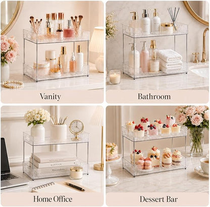 Goderewild 2-Tier Bathroom Counter Organizer, Multi-Purpose Cosmetics Skincare Shelf, Fits A4 Size Makeup Organizer for Office and Vanity Tray, Countertop Storage Solution for Kitchen,Bath.(Clear)