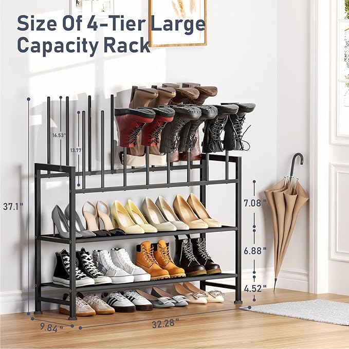 DIMJ Boot Rack 4-Tier - Black Metal Boot Storage Rack for Tall Boots Organizer, Multiuse Shoe Rack for Boots, Sneakers, High-Heel, Entryway, Fits 8-Pairs