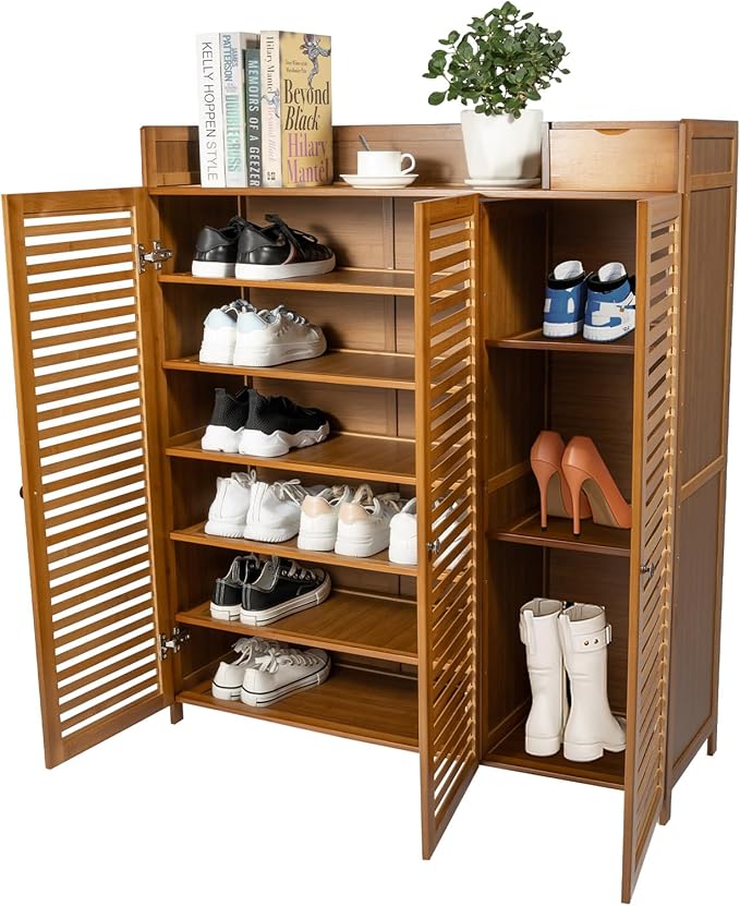 Bamboo Shoe Cabinet 7 Tier Free Standing Shoe Storage Cabinet Shoe Organizers Shoe Storage Cabinet with Door for Entryway Hallway Living Room Bedroom (7 Tier)