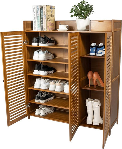 Bamboo Shoe Cabinet 7 Tier Free Standing Shoe Storage Cabinet Shoe Organizers Shoe Storage Cabinet with Door for Entryway Hallway Living Room Bedroom (7 Tier)