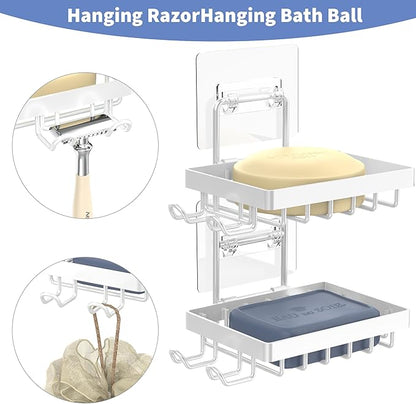 Moforoco White Double Soap Bar Holder for Shower, No Drilling, 304 Rustproof Stainless Steel, Wall Mounted Soap Holder with 4 Hooks and Razor Holder, Shower Rack Soap Tray Bar Soap for Bathroom