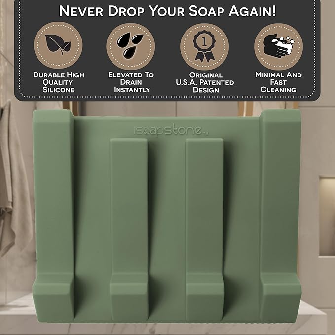 Silicone Soap Dish (USA Patented) Self Draining Bar Soap Holder for Shower Bathroom Sink, Drying Soap Dish Tray Kitchen Sponge Holder Easy Cleaning Soap Saver Mat (Eco Green, 1)