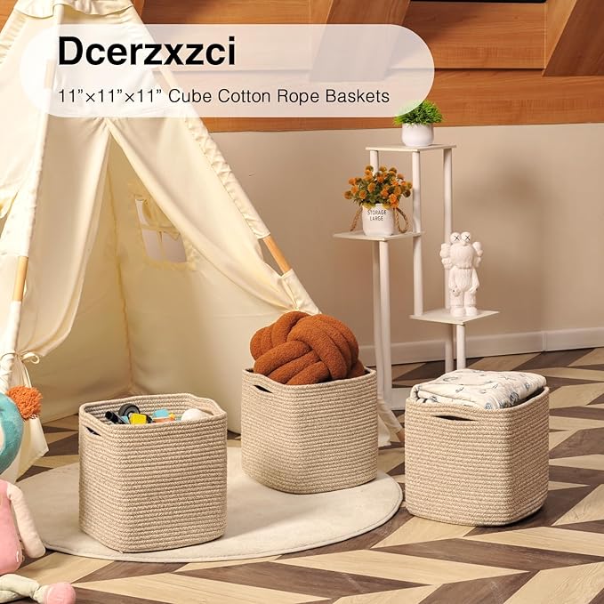 11 Inch Cube Storage Bins, Organizing Bins for Cube Organizer, Storage Baskets for Organizing, Woven Storage Basket for Shelves, Cotton Rope Toy Baskets Storage Kids, Brown (Pack of 3)