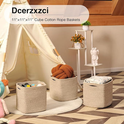 11 Inch Cube Storage Bins, Organizing Bins for Cube Organizer, Storage Baskets for Organizing, Woven Storage Basket for Shelves, Cotton Rope Toy Baskets Storage Kids, Brown (Pack of 3)