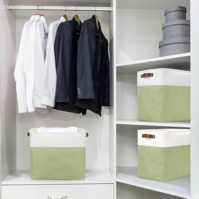 Bagnizer Large Fabric Storage Baskets | 50L Storage Bins, Decorative Linen Closet Baskets with Handles for Organizing, Shelf, Toys, Clothes, Home, Office, Nursery, 17x12x15Inches (Green&White)