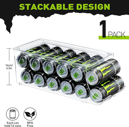 SCAVATA Soda Can Organizer for Refrigerator for Tall Cans of 16oz & 17oz, Stackable Beverage Cans Container Holder Dispenser with Lid for Fridge Pantry Rack Freezer (One Pack)