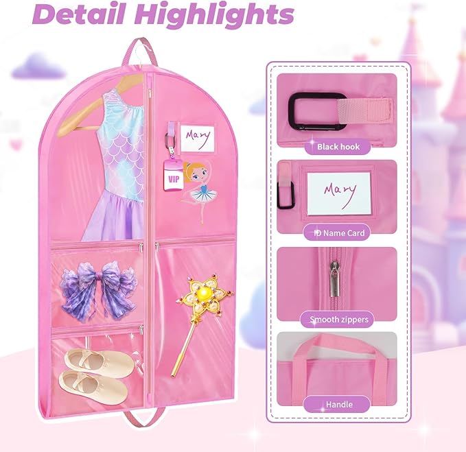 Hanging Dance Garment Bag, 40 Inch Waterproof Costumes Bag for Travel, Pink Clothes Bag with 5 Pockets for Dance, Sports, Skating, Beauty Pageants, Theatre (With Cartoon Girl Print)